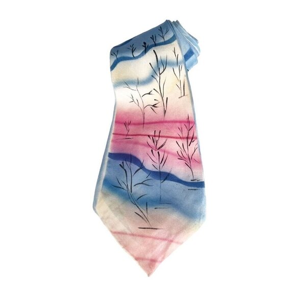 Vintage 40s 50s California Hand Paints Men's Silk Tie Blue Pink Abstract Trees - Picture 1 of 11